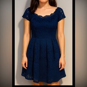 MissMay Retro Gorgeous City A-Line Dress Women's Short Sleeve Navy Lace
